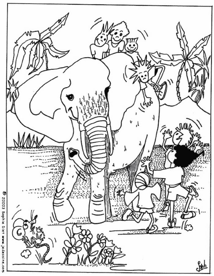 Les enfants et l'�l�phant - Coloriage - Albums de 10 COLORIAGES - 10 Enfants au milieu des animaux