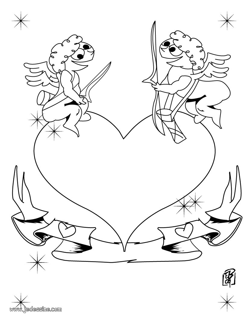 Coloriage de deux anges sur un coeur