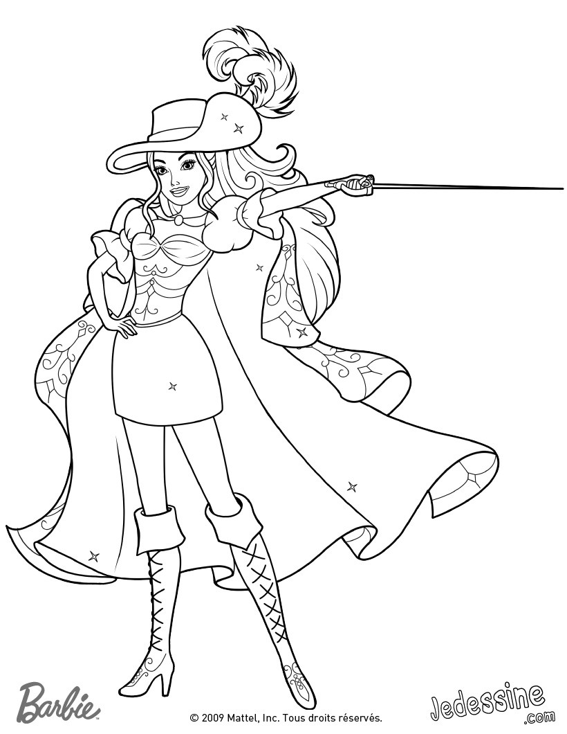 Coloriage Barbie Coloriage de Corinne avec son chapeau sa cape et son épée