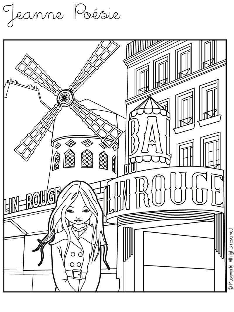 Coloriage de Jeanne Poésie devant le Moulin Rouge