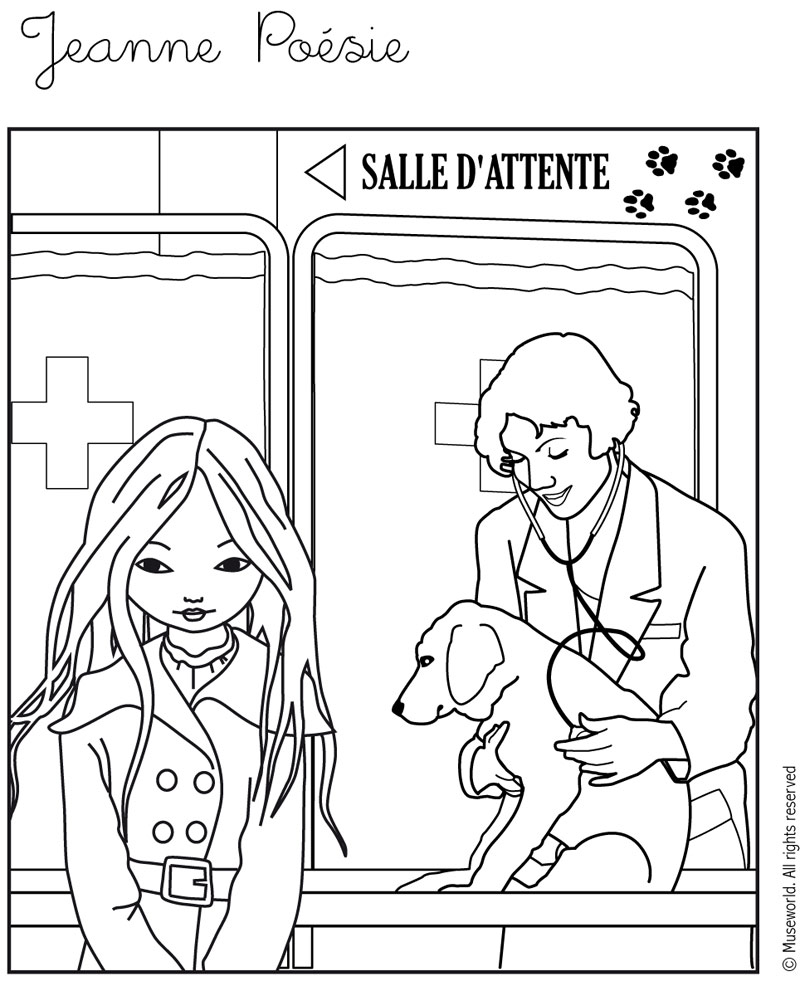 Coloriage de Jeanne Poésie avec un vétérinaire
