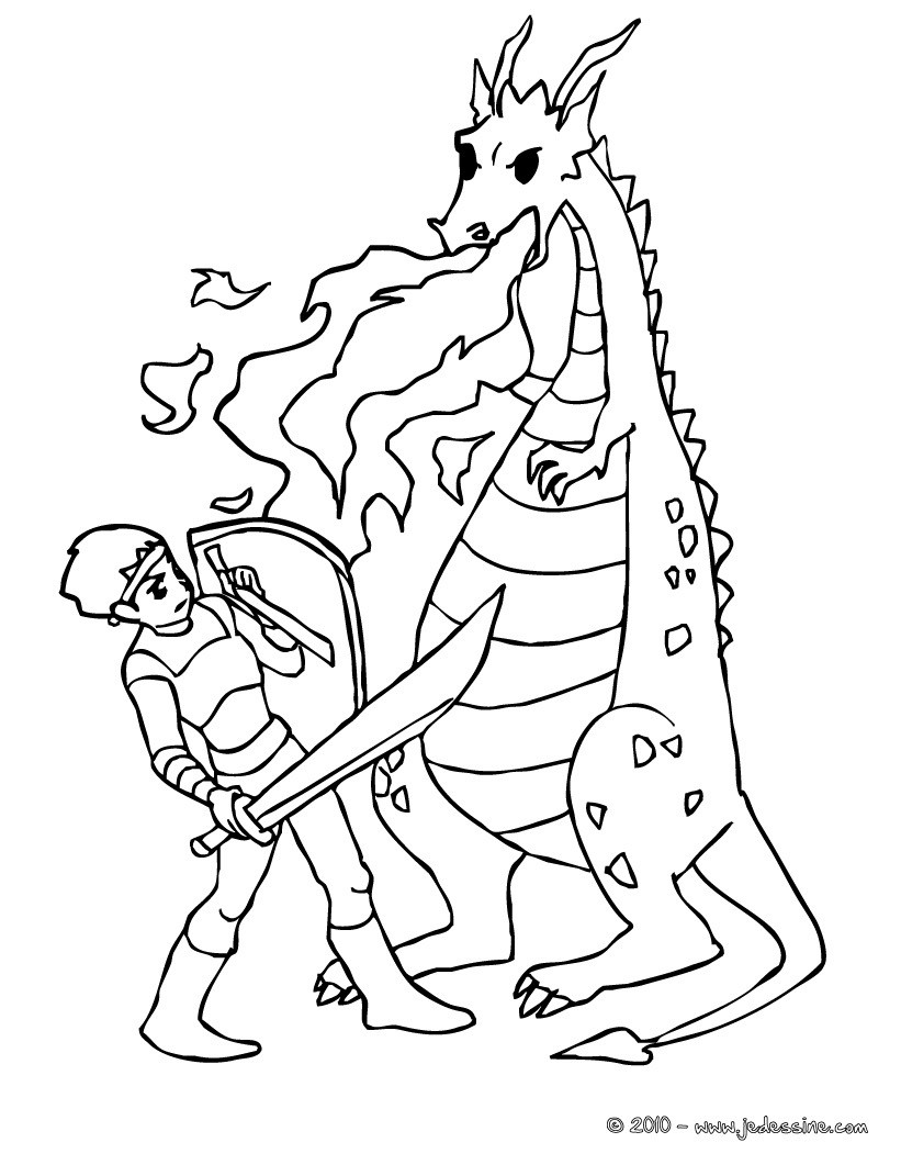 Coloriages un chevalier qui combat les flammes du dragon  fr.hellokids.com