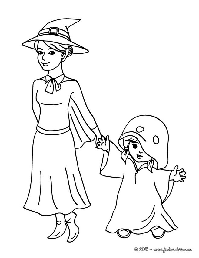 Coloriage d'une SORCIERE et de son enfant