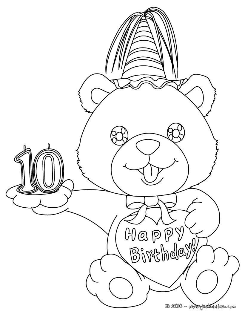 Coloriage Ourson anniversaire 10 ans