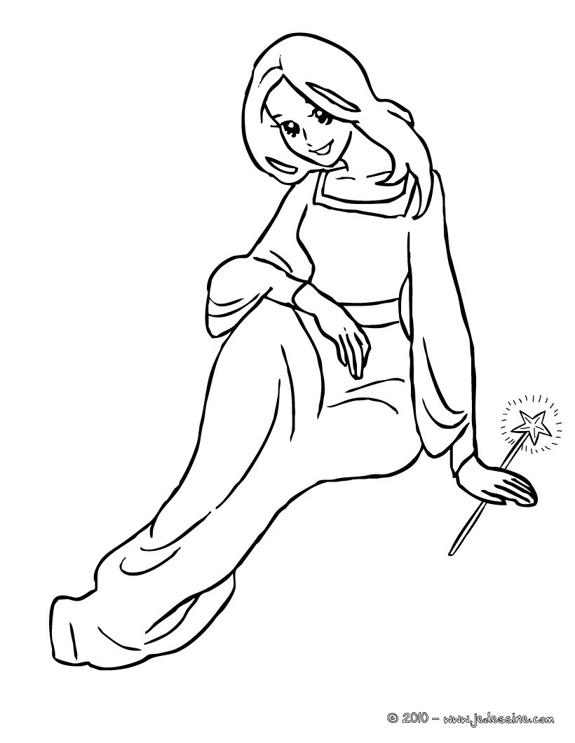 coloriage fée assise avec baguette