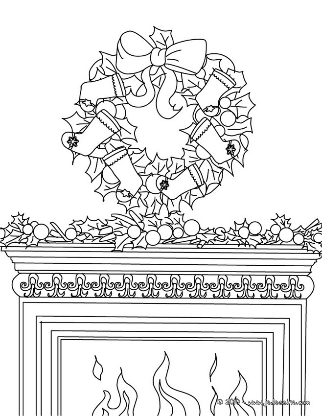 Coloriage couronne Noël cheminée