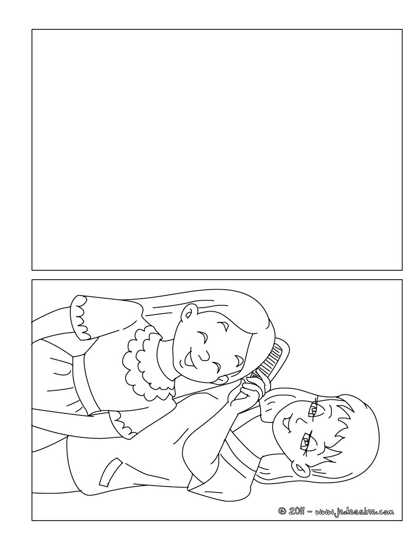 Carte à colorier maman peigne sa fille