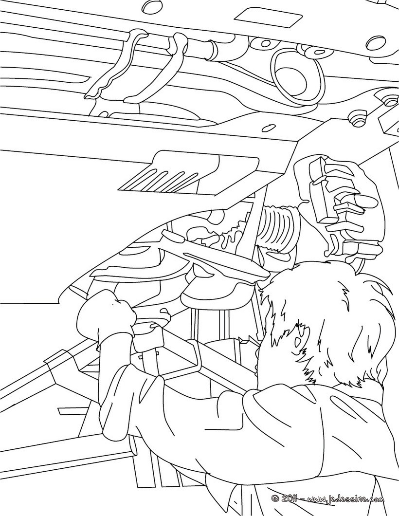 Coloriage mecanicien qui vérifie el système de freinage