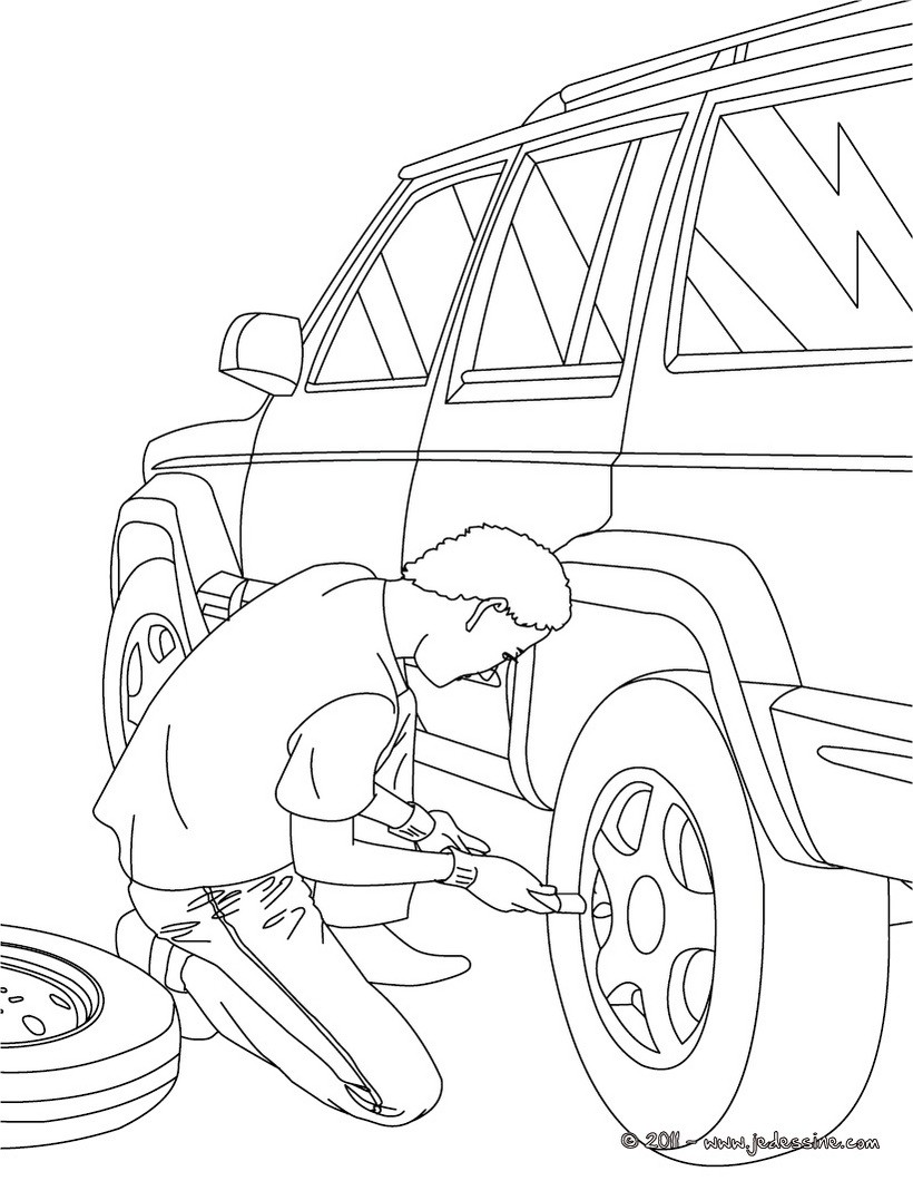 Coloriage mecanicien qui change la roue d'une voiture