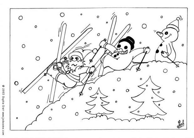 coloriage de bonhommes de neige au ski