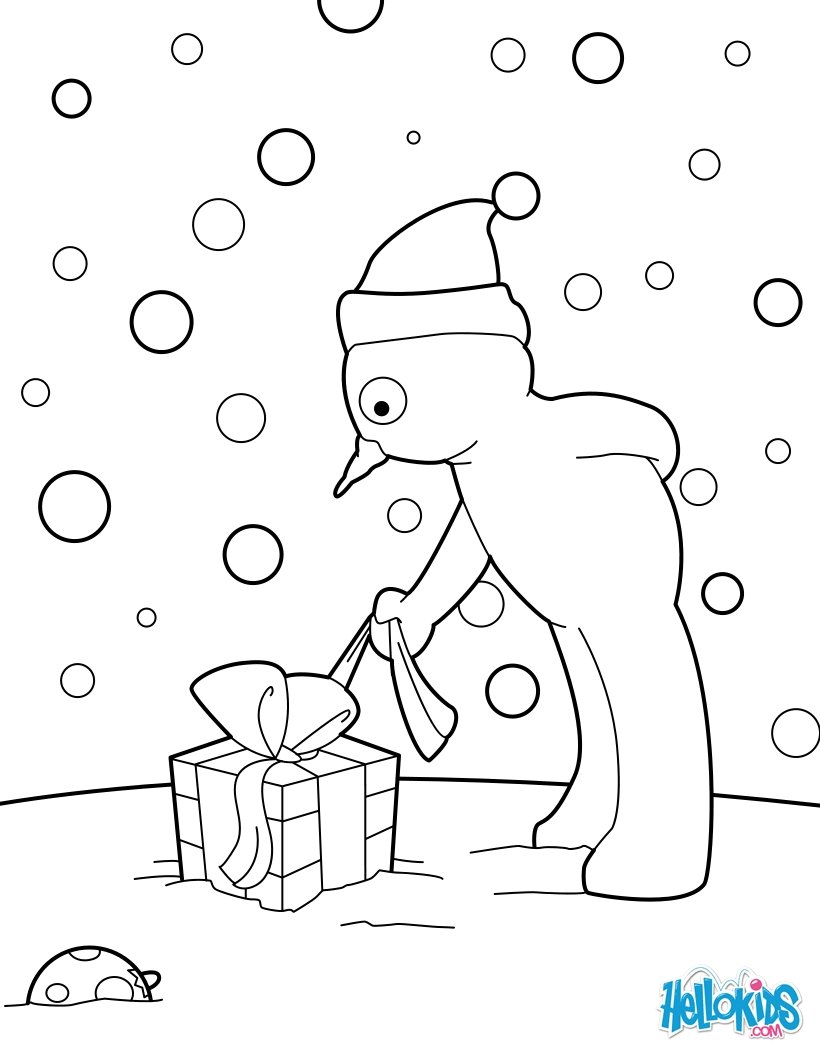 Gigantesque bonhomme de neige Coloriage Bonhomme de neige qui ouvre son cadeau de No l
