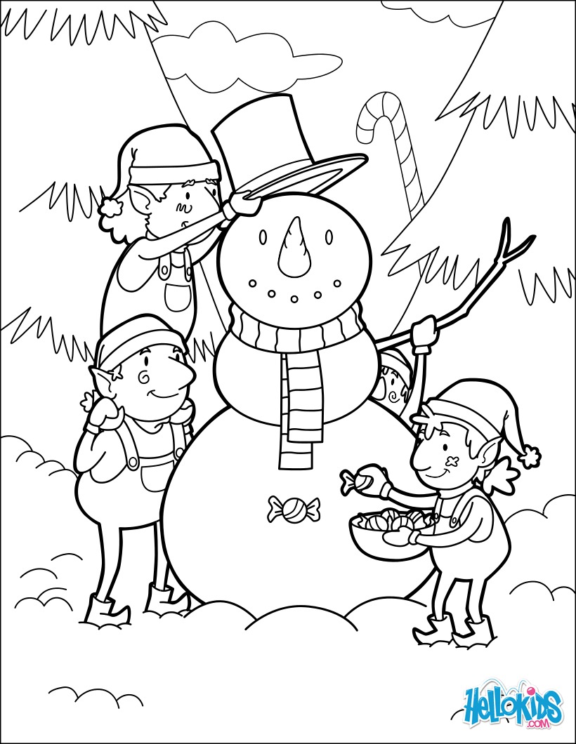 Coloriage Elfes construisant un bonhomme de neige pour No l