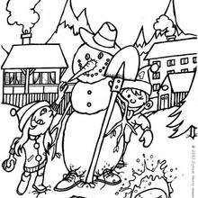 Coloriage : Le bonhomme de neige et les enfants
