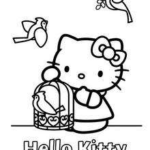 Coloriage de Hello Kitty et la cage d'oiseau - Coloriage - Coloriage HELLO KITTY