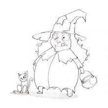 Coloriage d'Halloween : Coloriage de la sorcière et son chat