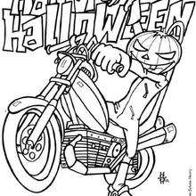 Coloriage d'Halloween : Jock O'Lantern sur une moto