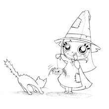 Coloriage d'Halloween : La petite sorcière et son chat