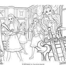 Coloriage Barbie : Coloriage de Barbie et ses amies dans la salle des armes