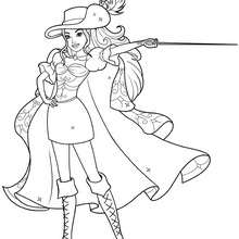 Coloriage de Corinne avec son chapeau sa cape et son épée - Coloriage - Coloriage BARBIE - Coloriage BARBIE ET LES 3 MOUSQUETAIRES - Coloriage CORINNE