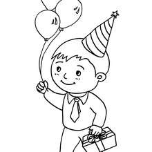Petit garçon avec son cadeau d'anniversaire et 3 ballons gonflables - Coloriage - Coloriage FETES - Coloriage ANNIVERSAIRE - Coloriage FETE ANNIVERSAIRE