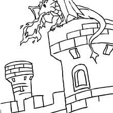 Un dragon sur un chateau fort - Coloriage - Coloriage GRATUIT - Coloriage PERSONNAGE IMAGINAIRE - Coloriage CHEVALIERS ET DRAGONS