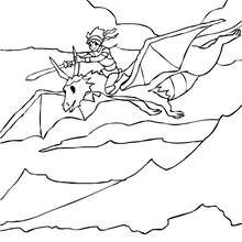 Coloriage : Le gentil chevalier sur son dragon volant
