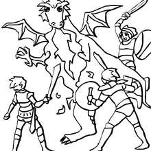 Plusieurs chevaliers attaquent un dragon - Coloriage - Coloriage GRATUIT - Coloriage PERSONNAGE IMAGINAIRE - Coloriage CHEVALIERS ET DRAGONS