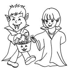 Coloriage d'Halloween : 2 enfants DEGUISES en VAMPIRE