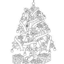 Sapin de Noël et cadeaux à colorier - Coloriage - Coloriage FETES - Coloriage NOEL - Coloriage SAPIN DE NOEL - Coloriage SAPIN DE NOEL DECORE