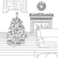 Coloriage : Sapin de Noël décoré devant cheminée à colorier