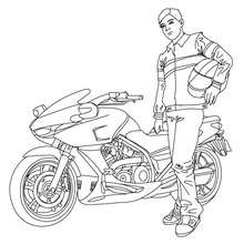 Coloriage : Motard devant sa moto à colorier
