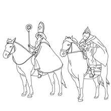 Coloriage de Saint NIcolas à cheval accompagné du Père Fouettard