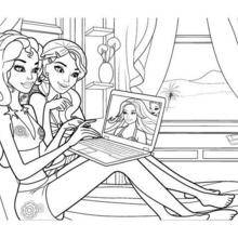 Coloriage Barbie : Fallon et Hadley devant leur ordinateur