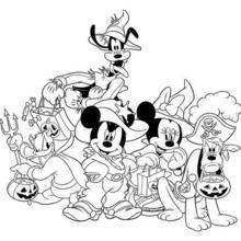 Coloriage d'Halloween : Coloriage de Pluto, Donald, Dingo, Mickey et Minie déguisés pour Halloween