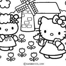 Coloriage : Hello Kitty cueille des fleurs