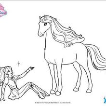 Coloriage Barbie : Barbie assise à côté de son cheval