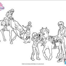 Coloriage Barbie : Barbie et ses soeurs prennent soin de leurs chevaux