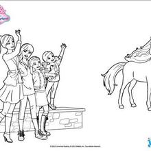 Coloriage Barbie : Barbie et ses soeurs saluent leur cheval