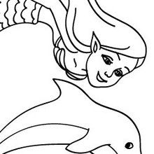 Coloriage application Jedessine : Petite sirène jouant avec un dauphin