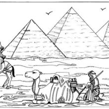 Coloriage : Chameaux devant les pyramides de Gizeh