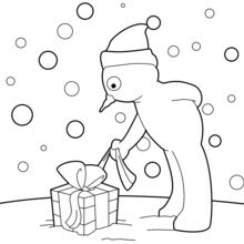 Coloriage : Bonhomme de neige qui ouvre son cadeau de Noël