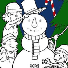 Coloriage : Elfes construisant un bonhomme de neige pour Noël