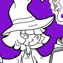 Coloriage d'Halloween : La petite sorcière d'Halloween pratique la magie