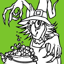 Coloriage d'Halloween : La sorcière prépare une potion magique