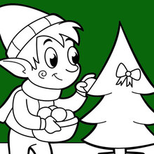 Coloriage : L'elfe décorant le sapin de Noël
