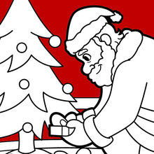 Coloriage : Le Père Noël dépose les cadeaux au pied du sapin