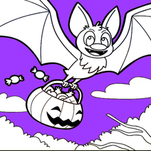 Coloriage d'Halloween : Chauve-souris aime les bonbons d'Halloween